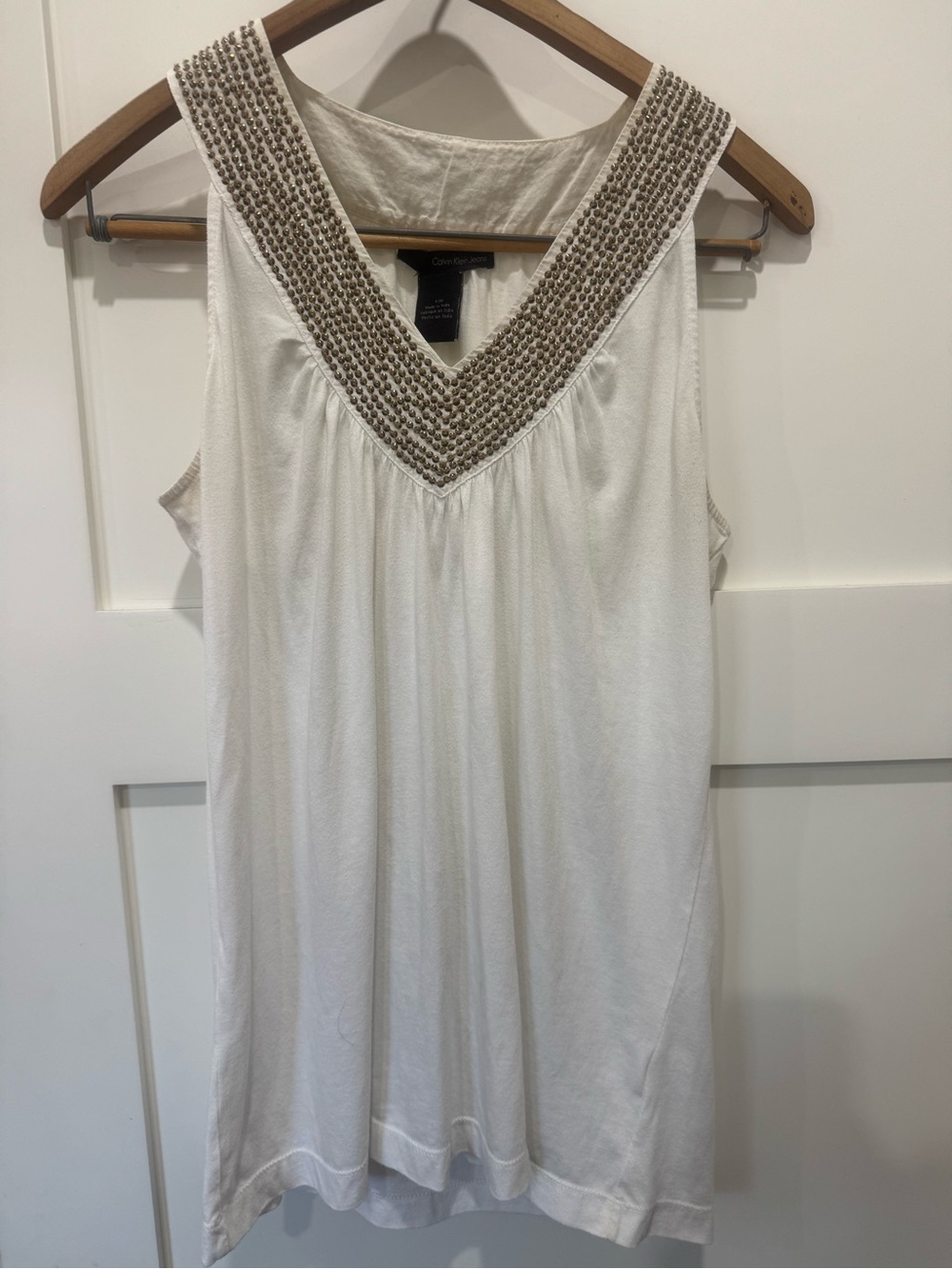 Vintage Calvin Klein White Embellished V-Neck Sleeveless Top Size L